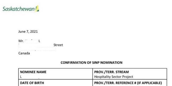 恭喜萨省半技术移民客户L先生喜获SINP提名！