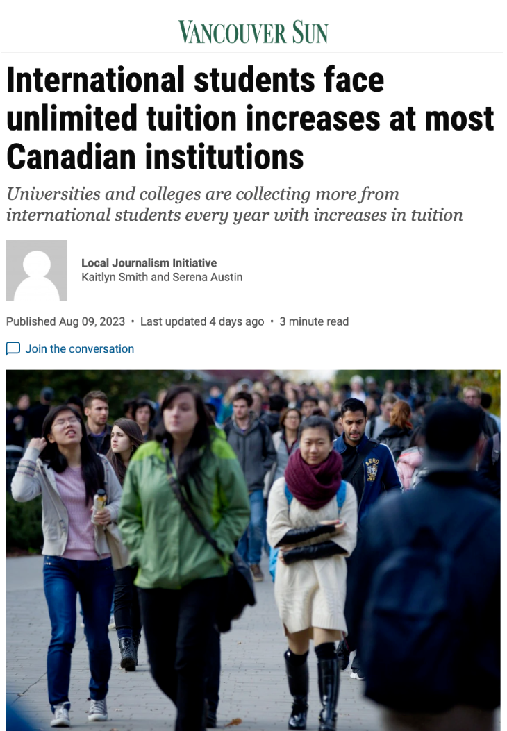 加拿大学费疯涨！各大学一年狂赚96亿！17%留学生贡献了43.5%！